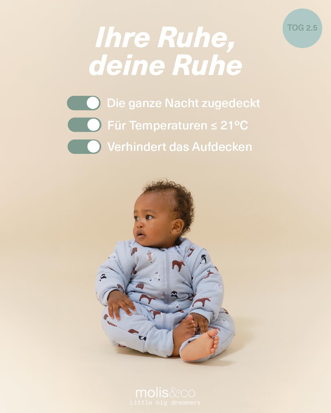molis&co. Baby-Schlafsack mit Füßen, abnehmbare Ärmel und Socken. 2.5 TOG. Ideal für die Übergangszeit und den Winter. 100% Baumwolle (Oeko-TEX 100). (Winter Animals, 45 cm (55cm inkl. Hosenbeine)) Baby