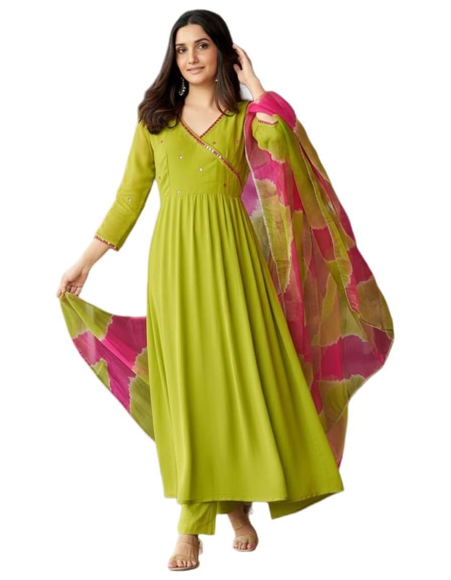 gosriki Women Rayon Viscose Anarkali Kurta with Pant and Dupatta | Mirror Work Long Kurta Set | Ladies Ethnic Wear Traditional Clothing for Women-picture-32