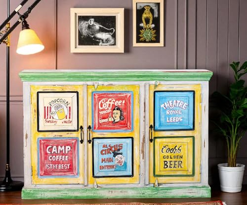 Image of APRODZ Solid Wooden Handpainted Sideboard Cabinet | Storage Cabinet with 2 Doors Shelf Storage for Living Room, Bedroom, Hotel & Home |Green (Multicolor)