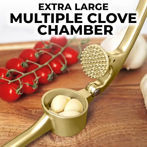 Image of Zulay Kitchen Large Premium Garlic Press Set - Bigger Bowl for Bigger Garlic - Rust Proof Garlic Mincer Tool - Easy-Squeeze, Easy-Clean Silicone Garlic Peeler & Brush (Gold)