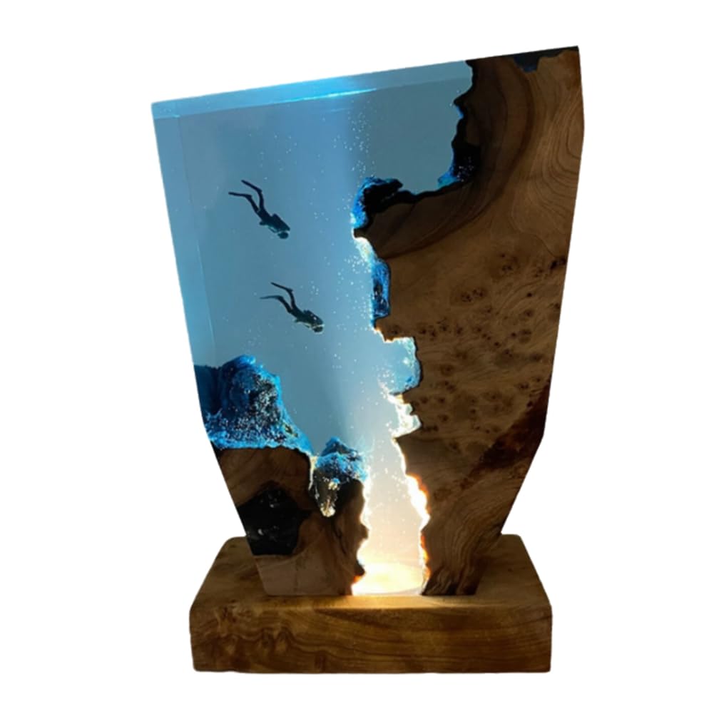 Jaywool Seabed Exploration Organism Resin Table Light 2 Divers Resin Table Light Seabed Exploration Theme Night Light for Bedroom and Office Desk Decor 6x 4 Inches