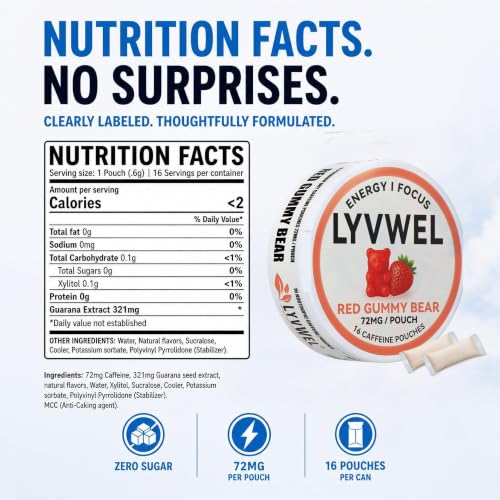 Image of LyvWel 72mg Caffeine Pouches, Variety Pack, 5-Pack, 80 Count