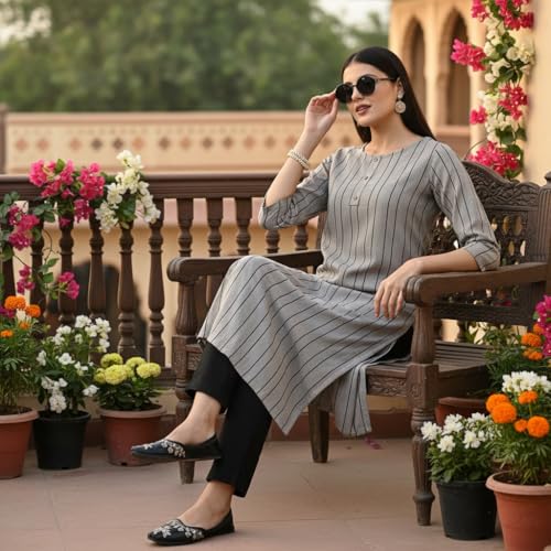 Image of Saanjh Women's Fit Straight Cotton Blend Long Kurta, 3 /4 Sleeve, Knee Length Kurtis, Casual and Office Wear