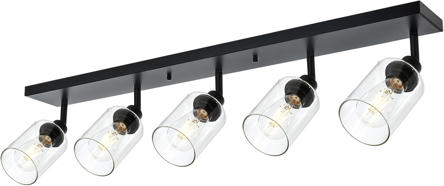 VINLUZ 5 Light Black Bathroom Spotlight Fixture with Rotatable Light Head Indoor Vanity Lighting with Clear Glass Shade Metal Ceiling Mount Fixture