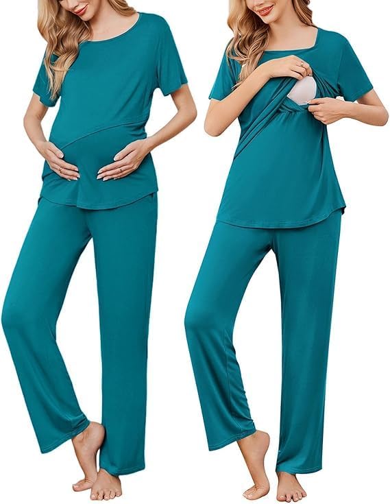 ELESOL Women's Nursing Pajamas Maternity Pajama Postpartum PJS Breastfeeding Short Sleeve Top & Pants Sets with Pockets