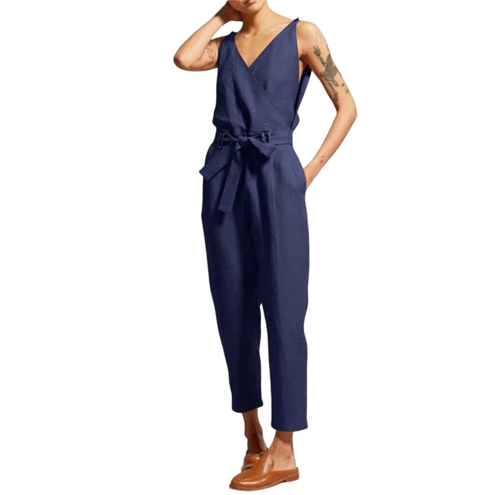 Yeuyyben Tuta da donna in cotone e lino senza maniche con scollo a V a gamba larga con coulisse in vita casual vestibilità ampia taglie pagliaccetto estivo