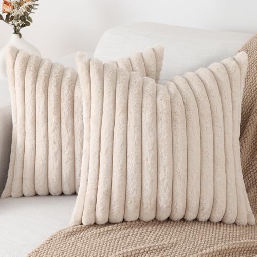 Pallene Faux Fur Plush Throw Pillow Covers 16x16 Set of 2, Luxury Soft Fluffy Striped Decorative Pillow Covers for Sofa, Couch, Living Room, Apricot