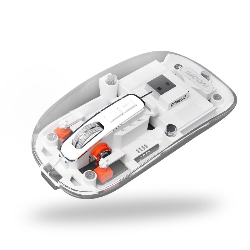 Image of iVOOMi Opaque White Rechargeable Wireless Mouse, Dual Mode (2.4GHz+BT), Dual Bluetooth, Silent Operation, Transparent Body, RGB, Battery Indicator, Compatible with Win /Mac /Linux /Android