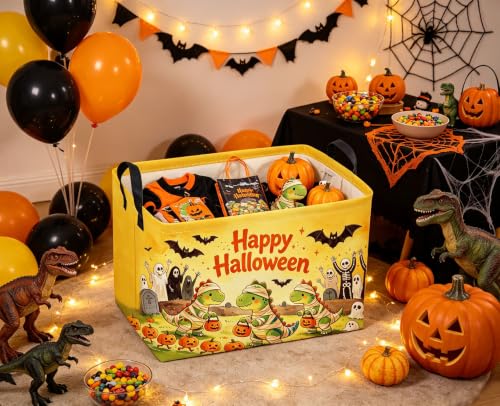 Image of Sanjiaofeng Rectangular Cute Dinosaur Halloween Baskets,Waterproof Foldable Dinosaurs Basket with Handles,Nursery Hamper,Home Organizer,Books Box,Gift Baskets(Belted Dinosaur)
