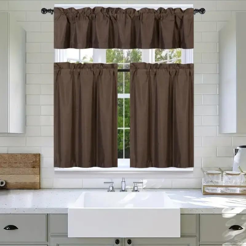 3Pc Set Solid Faux Silk Lined Blackout Rod Pocket Small Kitchen Window Curtain with Valance (K3) (Brown Coffee)
