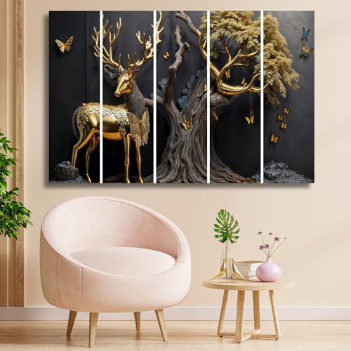 Image of Golden Deer Wall Painting Set of 5 | MDF Wall Art with Sparkle Lamination | Big Size Vastu Deer Painting for Wall Decoration | Home Decor & Wall Decor for Living Room, Bedroom, and Office