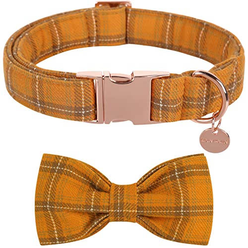 DOGWONG Fall Dog Collar with Flower, Orange Plaid Dog Collar Soft Durable Cotton Dog Collar for Small Medium Large Dog