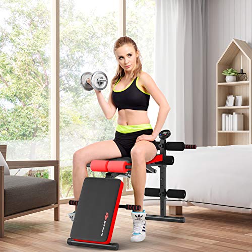 Goplus Adjustable Sit Up Bench, Foldable Utility Weight Bench w/LCD Monitor Flat/Incline/Decline Exercise Multi-Purpose Bench for Home, Gym and Office (Red)