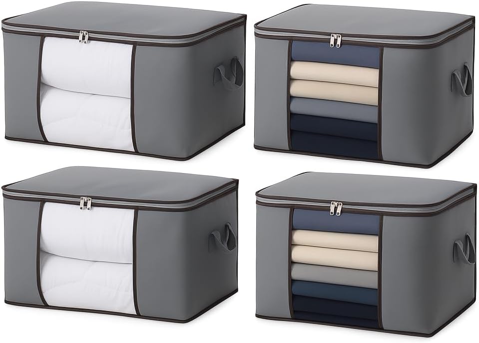 Kit c/ 4 CAIXA Sacos Organizadores REFORÇADO de Roupas e Edredons – Visor Transparente, Zíper Forte, Alças Laterais, Dobrável, Empilhável – Ideal Closet, Cama, Brinquedos e Viagens (Kit c/4)