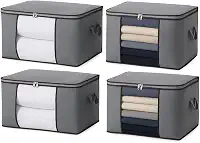 Kit c/ 4 CAIXA Sacos Organizadores REFORÇADO de Roupas e Edredons – Visor Transparente, Zíper Forte, Alças Laterais, Dobrável, Empilhável – Ideal Closet, Cama, Brinquedos e Viagens (Kit c/4)