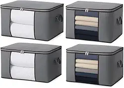 Kit c/ 4 CAIXA Sacos Organizadores REFORÇADO de Roupas e Edredons – Visor Transparente, Zíper Forte, Alças Laterais, Dobrável, Empilhável – Ideal Closet, Cama, Brinquedos e Viagens (Kit c/4)