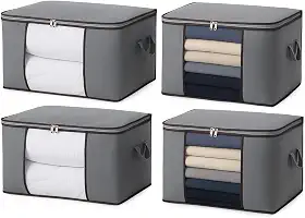 Kit c/ 4 CAIXA Sacos Organizadores REFORÇADO de Roupas e Edredons – Visor Transparente, Zíper Forte, Alças Laterais, Dobrável, Empilhável – Ideal Closet, Cama, Brinquedos e Viagens (Kit c/4)