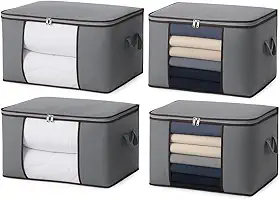 Kit c/ 4 CAIXA Sacos Organizadores REFORÇADO de Roupas e Edredons – Visor Transparente, Zíper Forte, Alças Laterais, Dobrável, Empilhável – Ideal Closet, Cama, Brinquedos e Viagens (Kit c/4)