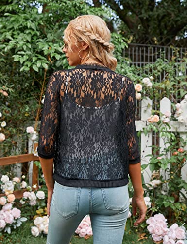 Image of Xunger Women's 3 /4 Sleeve Lace Cardigan Casual Open Front Floral Lace Shrug Summer Cover Up