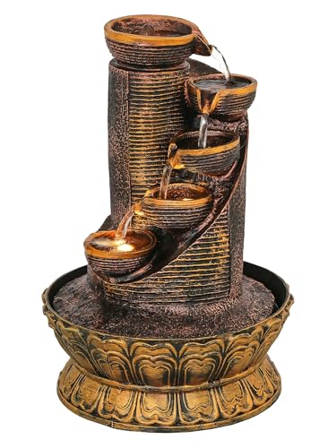 Image of CHRONIKLE Polyresin Antique Designer Table Top Indoor 5 Artistic Steps Waterfall Fountain with Yellow LED Lights & Water Flow Controller Pump (Size: 41 x 25 x 25 CM | Weight: 1980 gram | Color: Multi)