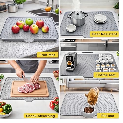 Image of Large Silicone Dish Drying Mat for Kitchen Countertop (58 x 43 cm) | Heat Resistant, Anti-Slip Utensil Drying Mat with Built-in Drain Lip | Sink & Counter Water Drying Mat