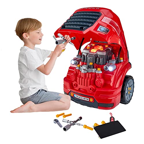 Playbees Red Truck Engine Repair Toy - Large Mechanic Take Apart Toy, Kids 3-8