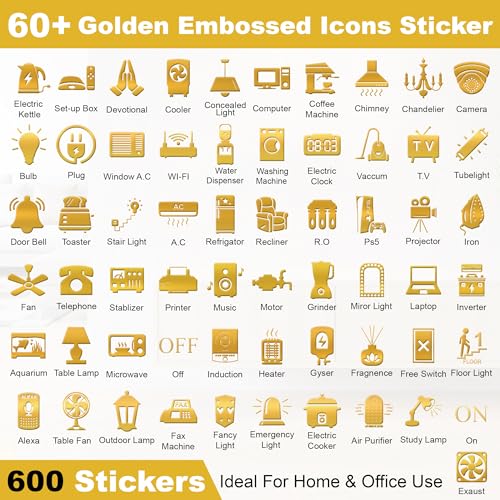 Image of GLUN Royal Gold 600 Vinyl Switchboard Stickers | 60+ Luxury Embossed Finish Icons for Fan, Light, AC & Home Switch Buttons