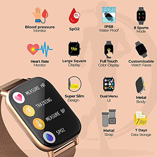 Image of ZEBRONICS ZEB-FIT5220CH Smart Fitness Watch with 2.5D Curved Glass 4.4cm Square Display, SpO2, BP, HR Monitor, IP68 Water Proof, 8 Sports Mode, Metal Body & Strap(Gold Metal) (Mettalic Gold)