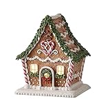One Holiday Way 6.5-Inch Light Up Faux Gingerbread Cottage House with Timer, Rosemary, Candy Cane & Flower Accents - LED Lighted Christmas Home Decor Figurine - Xmas Mantel, Tabletop, Desk Decoration