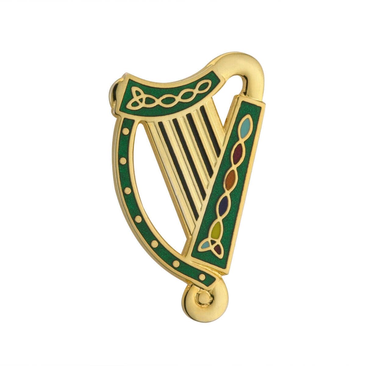 Irish Harp Brooch Gold Plated & Green Enamel Made in Ireland