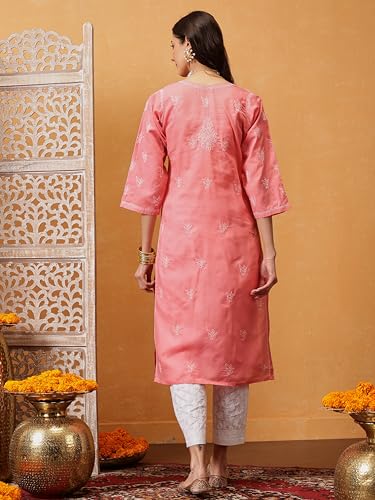 Image of Ada Hand Embroidered Lucknowi Chikankari Cotton Kurta for Women A133488 | Handcrafted lucknow chikan embroidery latest womens ethnic wear kurti tunic for office work wear