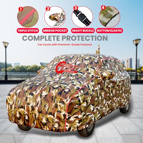 Image of Waterproof Car Body Cover for Ford Ecosport (2018-2026) with Mirror Pocket, Soft Cotton Lining, Triple Stitched, Full Bottom Elastic (Heat Resistant Jungle Print with Red Piping)