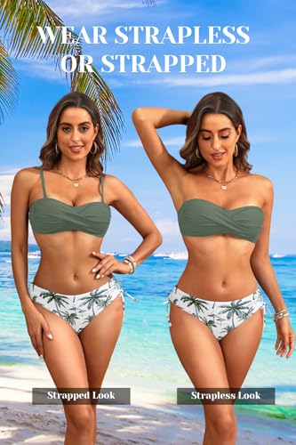 Image of Tempt Me Women Strapless Bandeau Bikini Set Twist Front Two Piece Swimsuit | Detachable Shoulder Straps, Molded Cup Design, Anti-slip Strips, Side Tie Bikini Bottom, Low Rise Fit