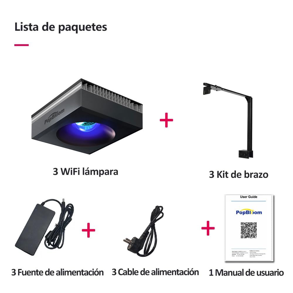 PopBloom 3X RL90 WiFi Luces para acuarios marinos de arrecife Iluminación LED de espectro completo para acuarios de agua salada 120 cm 150 cm Corales SPS y LPS, así como corales blandos