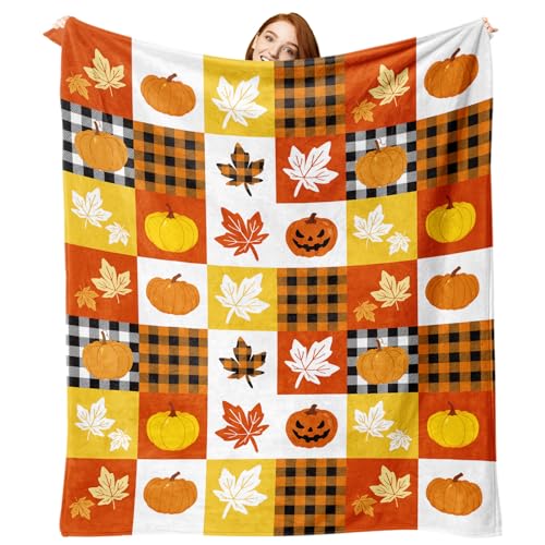 Fall Pumpkin Maple Leaves Flannel Throw Blanket, Autumn Thanksgiv...