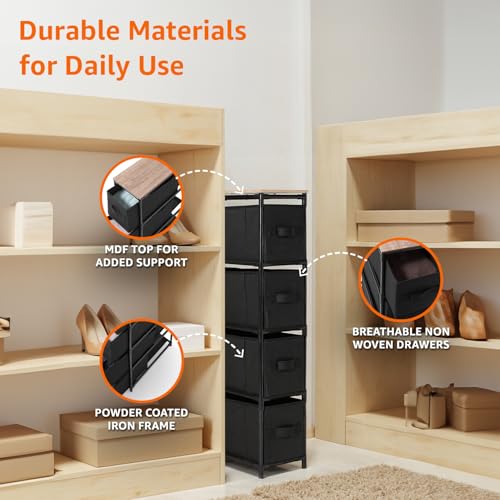 Image of Amazon Basics Slim Fabric Chest of 4 Drawers, Iron Frame & MDF Top - Compact Storage Dresser for Clothes, Bedroom, Closet & Small Spaces - Black (30L x 47W x 90H CM)