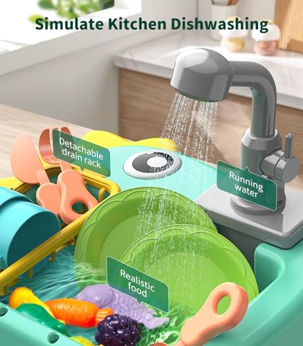 Geyiie ERL6068 Mini Toddler Sink Toy, Play Sink With Running Water, Automatic Water Cycle System And 13Pcs Rich Kitchen Accessories, Kids Pretend Role Play Dinosaur Dishwasher Toys thumb #1