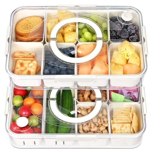 2-Pack Stackable Snack Box with Leakproof Lid & Comfortable Handle Multi-Compartment Food Organizer with Removable Dividers for Travel Picnic Bento Charcuterie Outdoor Snacks
