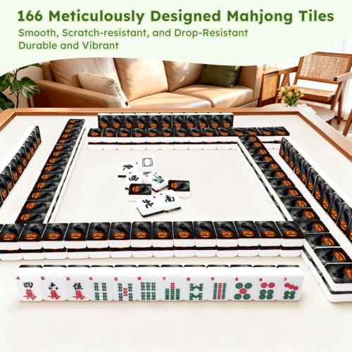 American Mahjong Tile Set Black Raven Perched Glowing Jack-o'-Lantern Spooky Forest Crow Halloween 166 Acrylic Mahjong Tiles 1.4" Large Mahjong Game Set with Bag and Accessories for Gift Travel Party - Image 7