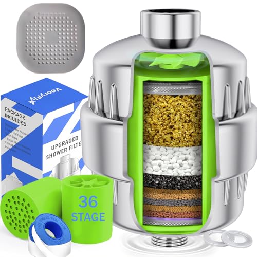 36 Stage Shower Filter Shower Head Filter for Hard Water with 2 Replaceable Cartridges Water Filter for Shower Removes 99% of Chlorine Heavy Metals and Sediments Relieves Dryness of Hair and Skin