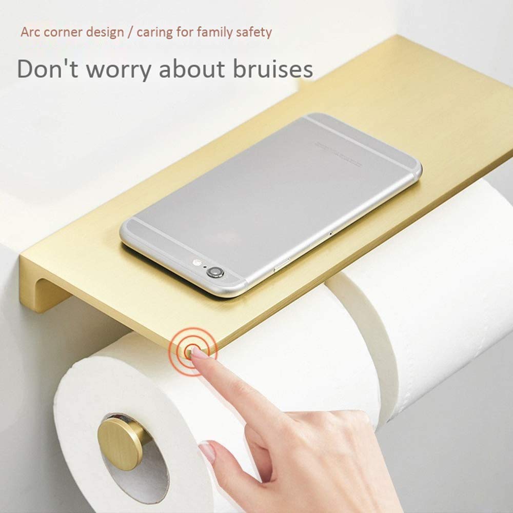Portarrollos para Papel Higiénico de Pared con Estante Latón Double Porta Rollos de Papel Higienico Oro Cepillado Accesorios de Baño, Portarrollos Baño para Cocina y Baño