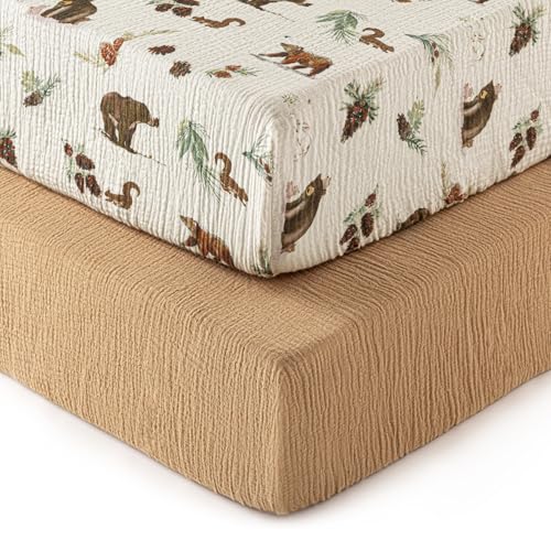 Image of david's kids Muslin Crib Sheets for Boys, 2 Pack 100% Cotton Soft Breathable Fitted Baby Sheet Set, Standard 52 inchx28 inch Crib and Toddler Mattress, Woodland Animal