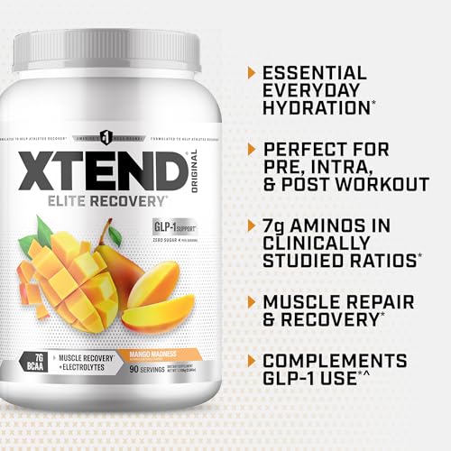Image of XTEND Original BCAA Powder Mango Madness | Sugar Free Post Workout Muscle Recovery Drink with Amino Acids | 7g BCAAs for Men & Women | 90 Servings