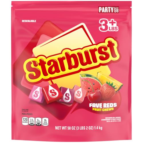 Image of STARBURST FaveREDS Chewy Fruit Chews, Bulk, Wrapped, Party Size, 50 oz | Soft juicy red fruit chews individually wrapped, a bulk fit for party favors, sharing, road trips, lunch box, sour candy