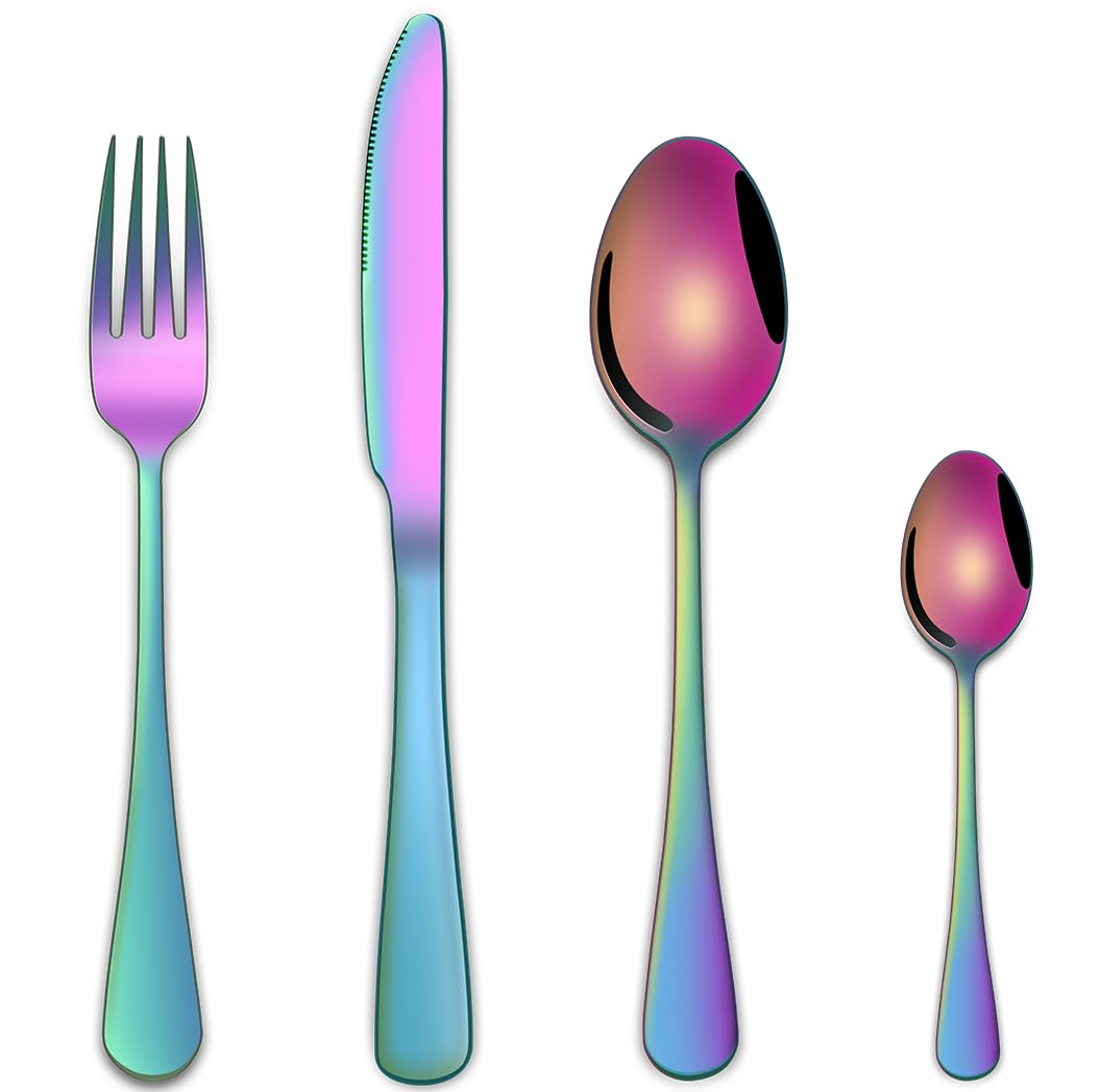 Colorful Rainbow 16-Piece Cutlery Sets Service for 5,Stainless Steel Silverware Sets Includes Knife Spoon and Fork Eating Utensils Sets for Kitchen Tableware Sets