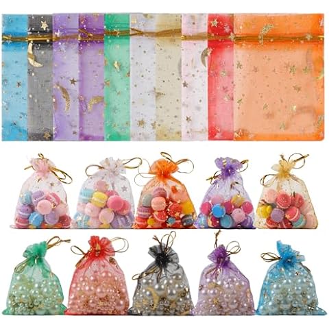 100 Pcs Organza Gift Bags with Moon Stars Cover