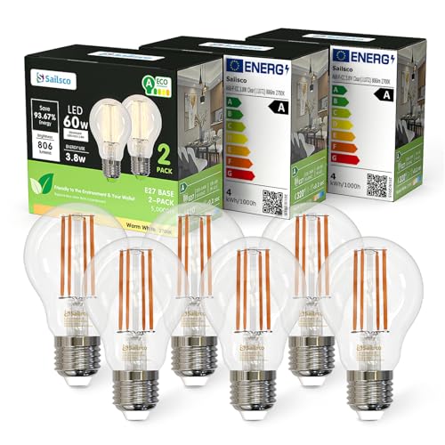 sailsco Clase A E27 LED Bombilla Blanco Cálido 3.8W 2700K 806 Lumen,A60 Filamento Bombilla de Ahorro de Energía 60W Lámpara Incandescente de Repuesto,No Regulable LED Bombillas de Vidrio,6 piezas