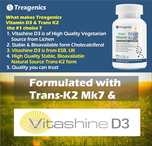 Image of Trexgenics VITAMIN D3 + K2 SYNERGY, 600 IU from Vitashin D3 Lichen + TRANS K2 as MK7 55 mcg Bone, Cardiovascular, Immunity (60 Veg Capsules)
