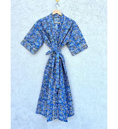 Image of Hand block print Cotton Kimono bikini cover up,Indian Hand block print Cotton Bath Robe,Swim Wear,Nighrwere Dressing Gown