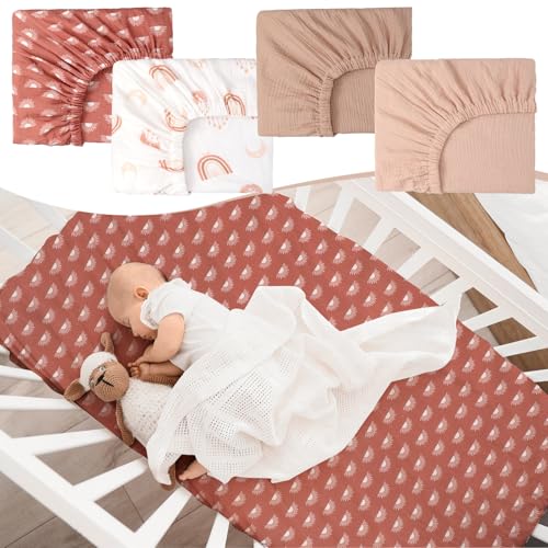 Image of Mindsoft 4 Pack 52''x28'' Boho Muslin Crib Sheets Neutral Soft and Breathable Cotton Baby Sheets for Girl Boy Standard Fitted Crib Mattress(Rainbow & Sun)